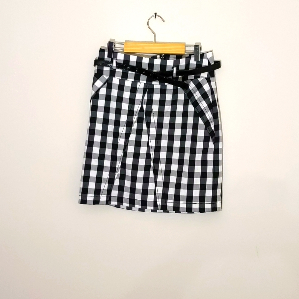 Dynamite| Black And White Checkered Mini Skirt Cotton Polyester Blend With Belt